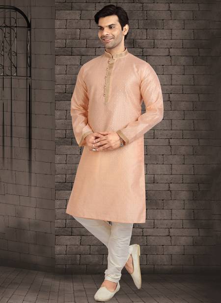 Peach Colour Traditional Wear Jacquard silk Kurta Pajama Mens Collection 1222